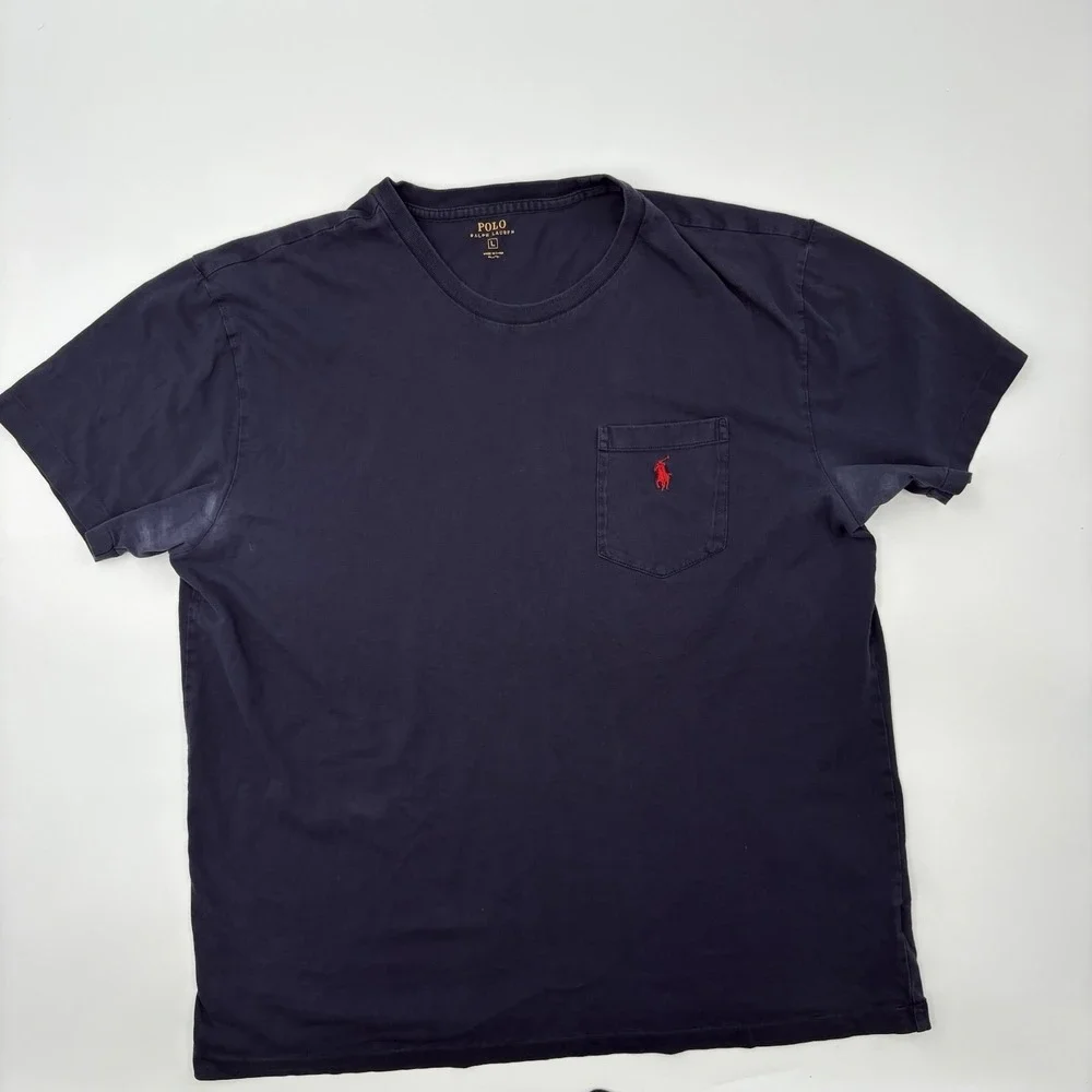 Polo Ralph Lauren Men's Large Navy Blue Crewneck Pocket T-Shirt Red Pony Flawed